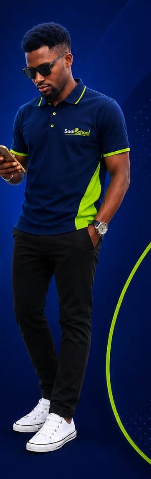 A SodiSchool partner in the branded navy and lemon-green polo shirt, checking their phone.