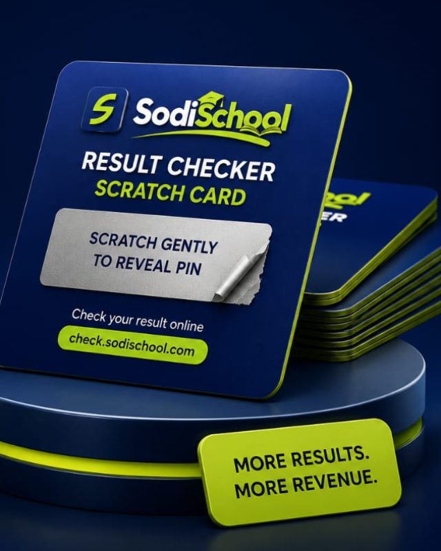 A SodiSchool Result Checker scratch card with a silver panel concealing the PIN.